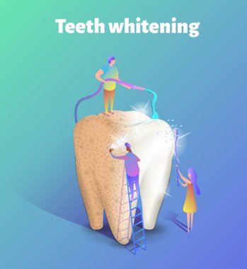 Teeth whitening isometric illustration. Group of male and female characters standing next to big tooth. clipart