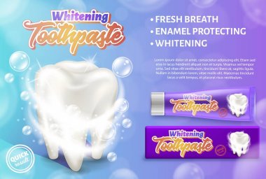 Beyazlatma diş macunu reklam tasarım kavramı. Diş Bakımı ve tedavi gerçekçi vektör Illustration.