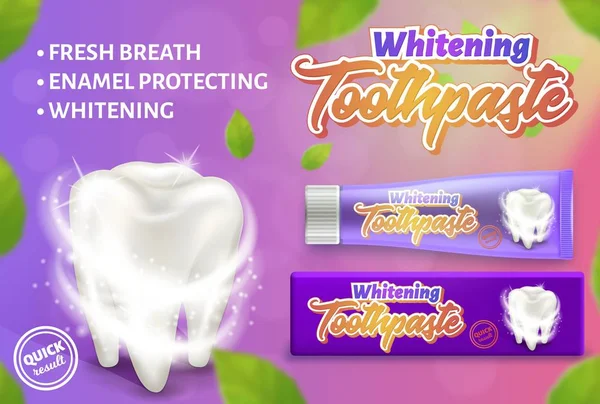 Концепция дизайна рекламы отбеливающей зубной пасты. 3d векторная иллюстрация, показывающая зубную пасту и белый зуб . — стоковый вектор