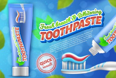 Taze nefes ve beyazlatma diş macunu Reklam afişi. Promosyon kampanyası için 3d vektör illüstrasyon.