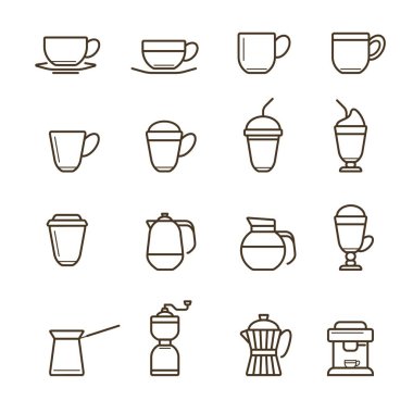 Kahve simgesi vektör seti. Beyaz arka planda yalıtılmış doğrusal simgelerin toplanması.