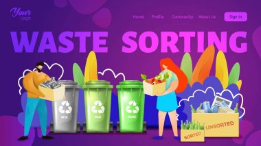 Atık sıralama web sayfası şablonu. Metal, organik ve cam atıkları ayıran erkek ve kadın çift.