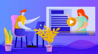 Online eğitim tasarım konsepti. Bir eğitim video izlerken bir adam tasvir Düz vektör illüstrasyon.