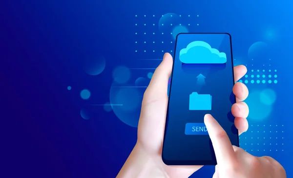 Main avec smartphone. Envoyer un fichier depuis un smartphone vers le stockage cloud. — Image vectorielle