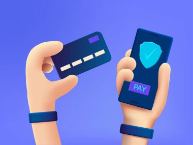 Çizgi film 3D cep telefonu ve güvenli ödeme düğmesi