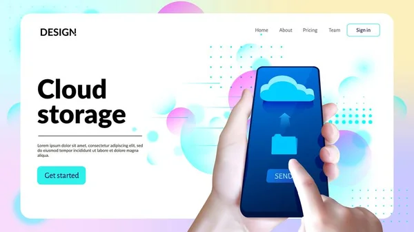 Cloud storage web site template. Landing page header. Hand with smartphone. — Stock Vector