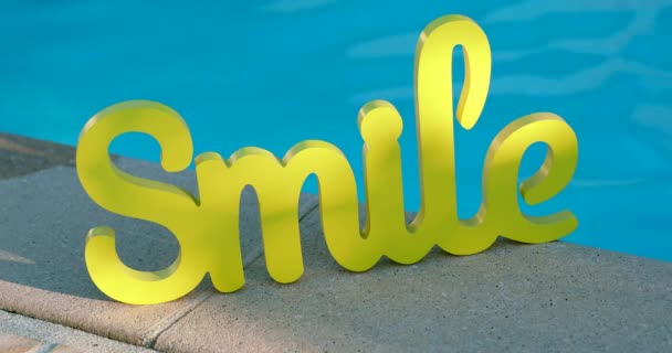 Wooden Word Smile Sign Blue Water Swimming Pool Background Dci — Stock Video