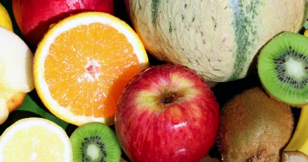 Taze Meyveler Üzerine Sıçratıyor Birden Fazla Renkli Meyve Elma Portakal — Stok video