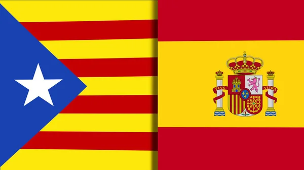 Mix Two Realistic Waving Flags Catalonia Spain Catalan Independence Referendum — Stock Photo, Image