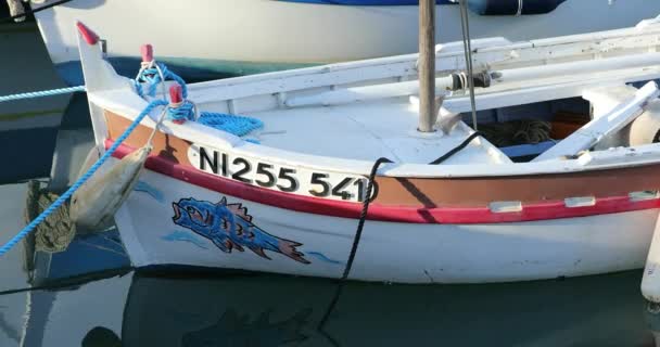 Menton France September 2018 Water Reflection Small Fishing Boat Moored — Stock Video