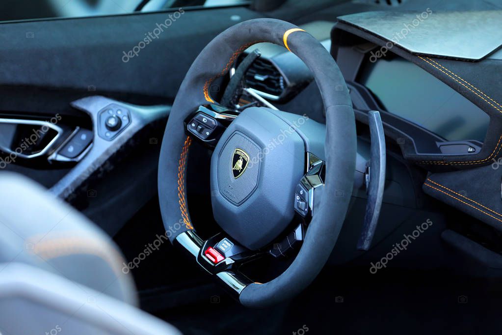 Monte-Carlo, Monaco - September 19 2018: Interior Cockpit Of A Luxury Lamborghini Huracan Performante Spyder, View Of The Steering Wheel Of The New Lamborghini Sports Car