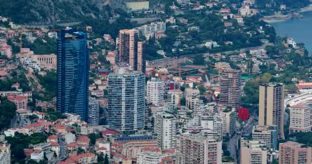 Flygfoto Lyxiga Skyskrapor Monaco Monte Carlo Staden Från Ovan Den — Stockvideo