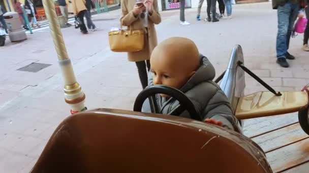 Menton France November 2018 Cute Baby Boy Carousel Merry Plane — Stock Video