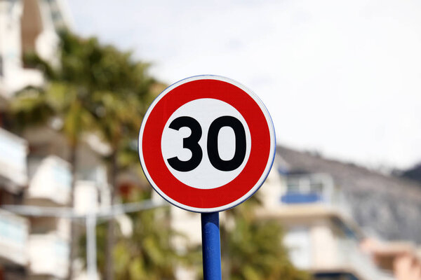 Road Sign, Speed Limit At 30 km/h Zone, Menton, France, Europe