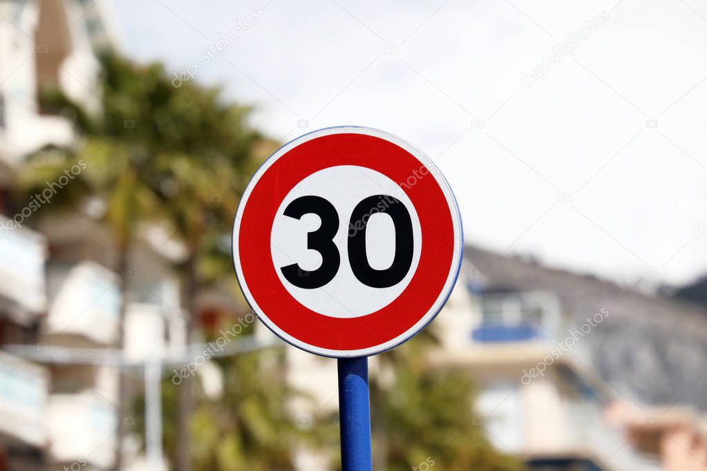 Road Sign, Speed Limit At 30 km/h Zone, Menton, France, Europe