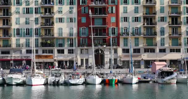 Nice France January 2019 Boats Sailboats Port Nice Colorful Buildings — Stock Video