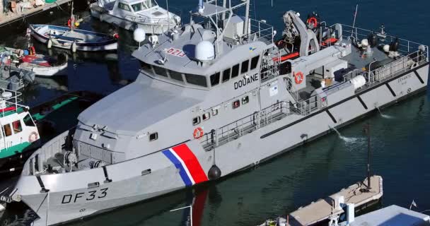 法国尼斯 2019年2月6日 法国海关船的鸟图 Vedette 停靠在尼斯老港 法国里维埃拉 Dci — 图库视频影像