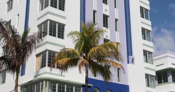 Miami Beach Art Deco Buildings Palm Trees Ocean Drive Florida — стоковое видео