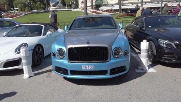 Montecarlo Mónaco Mayo 2019 Coche Bentley Mulsanne Azul Gris Lujo — Vídeo de stock