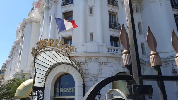 Nice França Maio 2019 Entrada Hotel Negresco Facade Sign Promenade — Vídeo de Stock