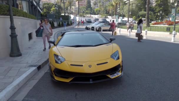 Monte Carlo Monaco Juni 2019 Zwart Geel Lamborghini Aventador Svj — Stockvideo