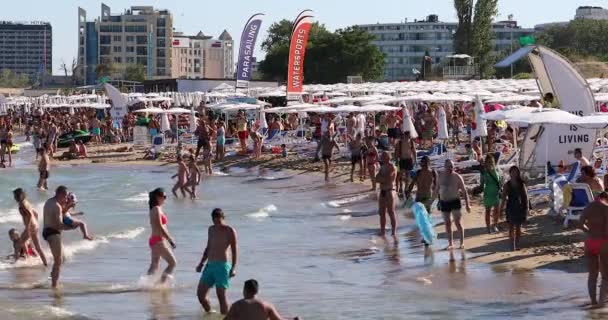 Sonniger Strand Bulgarien August 2019 Überfüllter Sonnenstrand Slanchev Bryag Viele — Stockvideo
