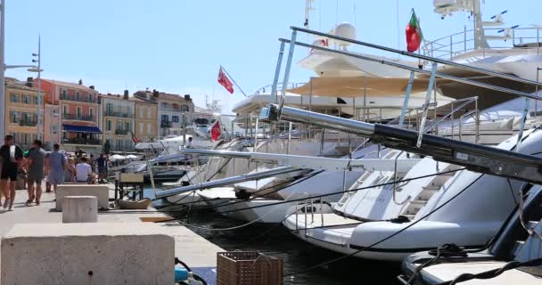 Saint Tropez Frankrike September 2019 Baksidan Många Lyxiga Superyachter Uppradade — Stockvideo