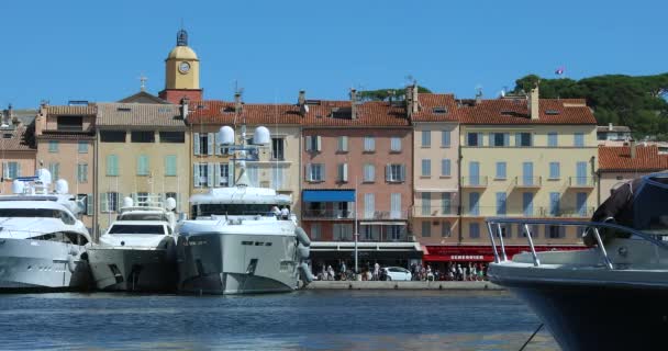 Saint Tropez France September 2019 Πολυτελή Yachts Lined Front Colorful — Αρχείο Βίντεο