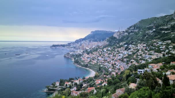 Deniz Dağlar Arasında Güzel Hava Görünümü Roquebrune Cap Martin Monako — Stok video