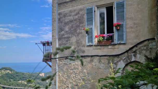 Typisches Provenzalisches Haus Dorf Gorbio Mit Dem Mittelmeer Hintergrund Côte — Stockvideo