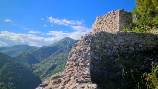 Alte Burgmauer Den Bergen Altes Dorf Sainte Agnes Der Französischen — Stockvideo