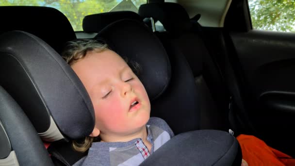 Cute Little Blond Boy Baby Sleeping Car Seat Close View — Stock Video