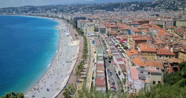 Timelapse Flygfoto Över Staden Nice Stranden Medelhavet Och Promenaden Des — Stockvideo