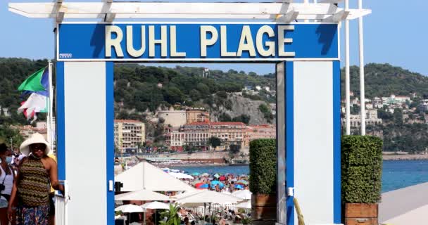 Niza Francia Agosto 2020 Señal Entrada Ruhl Plage Playa Privada — Vídeos de Stock