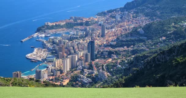 Spectacular Aerial View Panorama Principality Monaco Mediterranean Sea Summer Dci — Stock Video