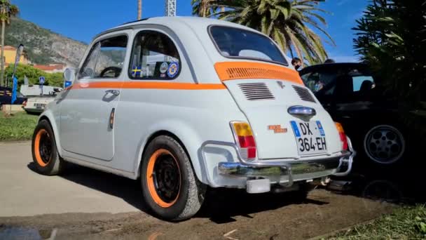 Menton France October 2020 Small White Orange Retro Italian Car — стоковое видео