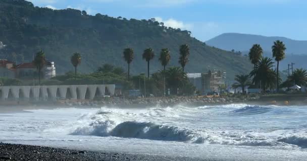 Big White Waves Hitting Sea Shore Menton Day Tropical Storm — Stock Video