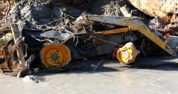 Town Breil Sur Roya Submerged Flooding Roya River Yellow Backhoe — Stock Video