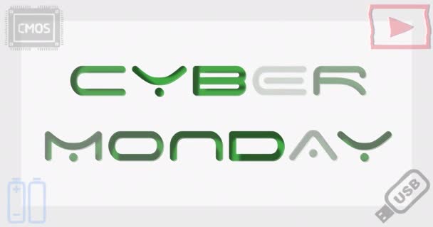 Cyber Monday Venta Efecto Texto Verde Con Productos Digitales Sobre — Vídeos de Stock