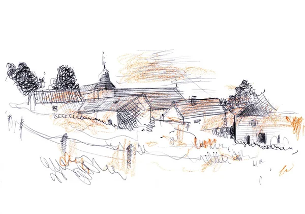 Hand drawn sketch of rural landscape