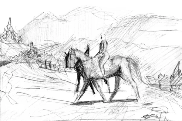 Handgetekende Schets Van Paardrijden — Stockfoto