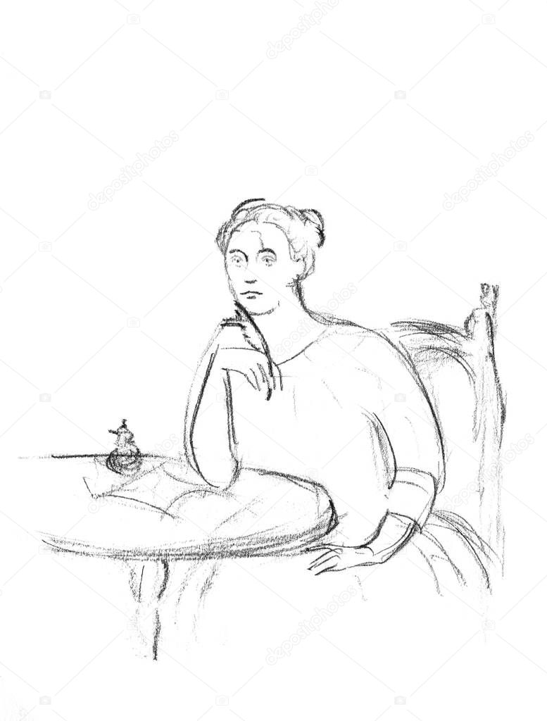 Hand drawn sketch of authoress Jane Austen