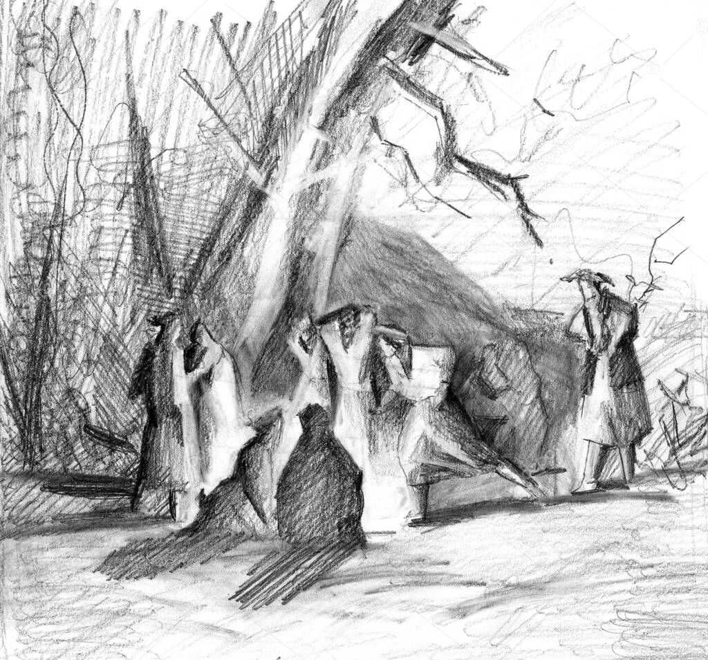 Hand drawn sketch of meeting robbers in forest