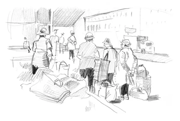 Hand drawn sketch of passers people