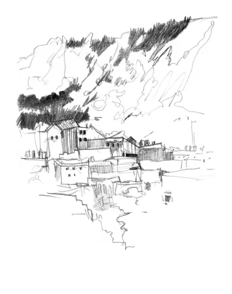 Hand Drawn Sketch Mountain Rural Landscape — Stock Photo, Image