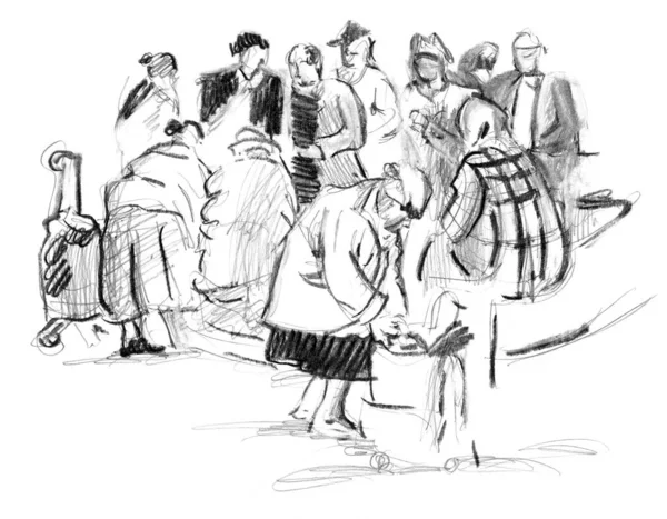 Hand drawn sketch of  old woman gatherings