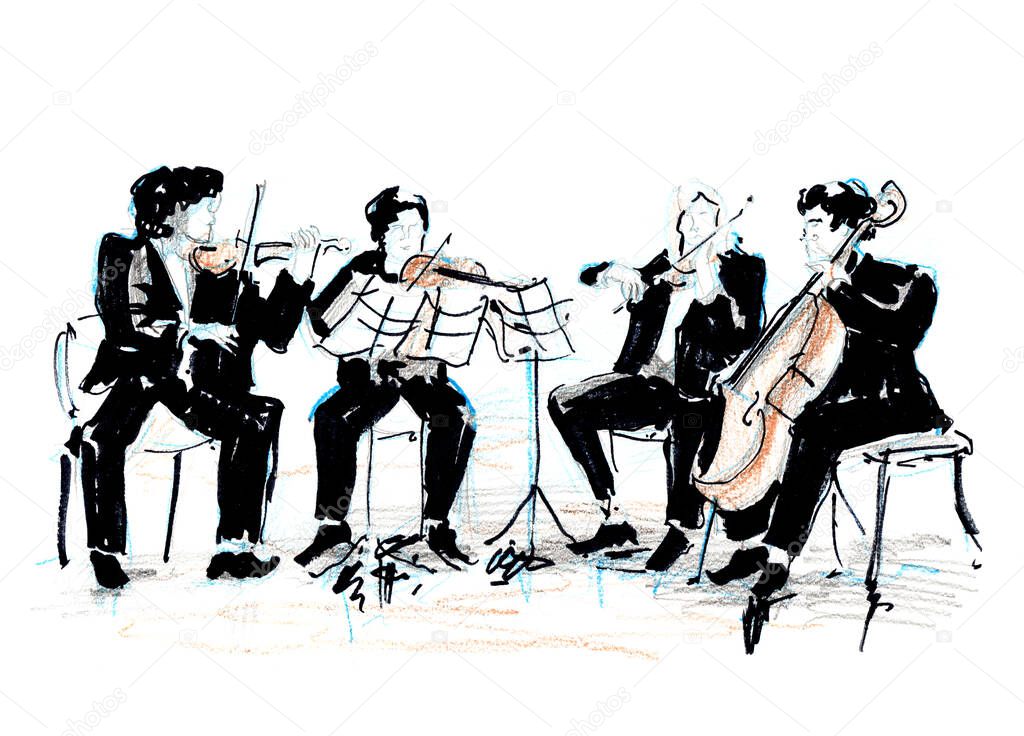 Hand drawn sketch of violinist quartet