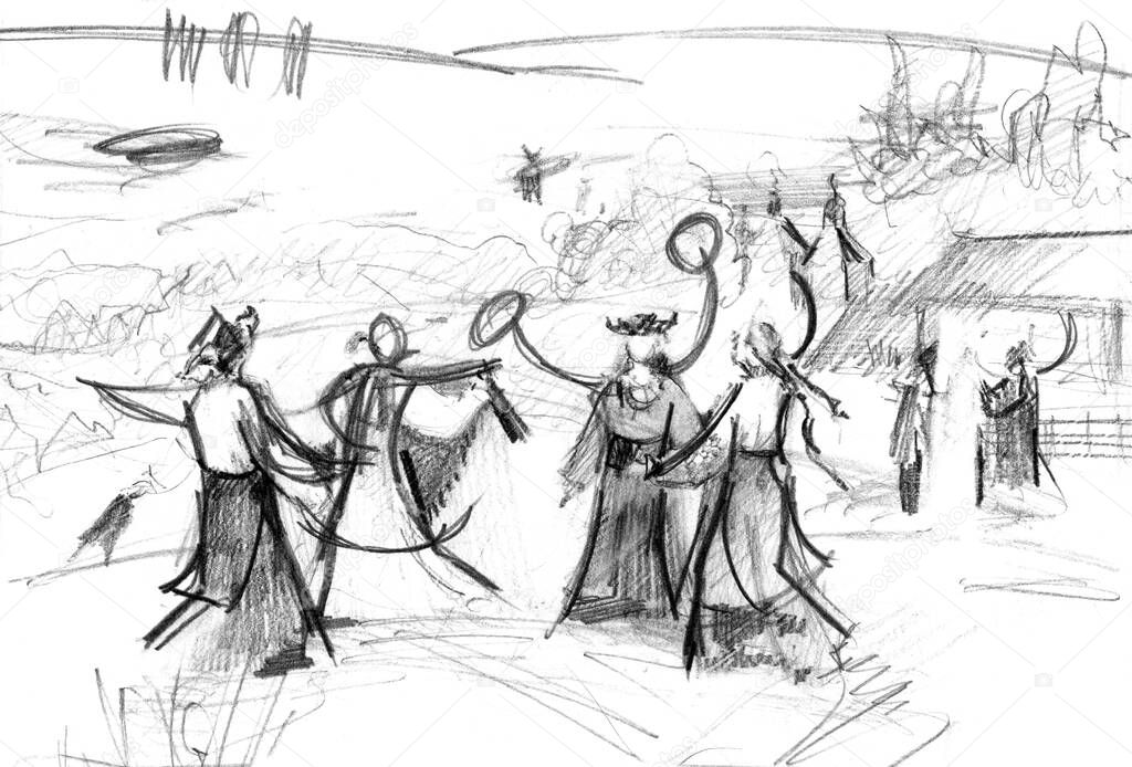 Hand drawn sketch of Midsummer celebrations