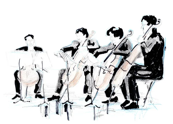 Dibujo Dibujado Mano Del Cuarteto Violonchelista — Foto de Stock