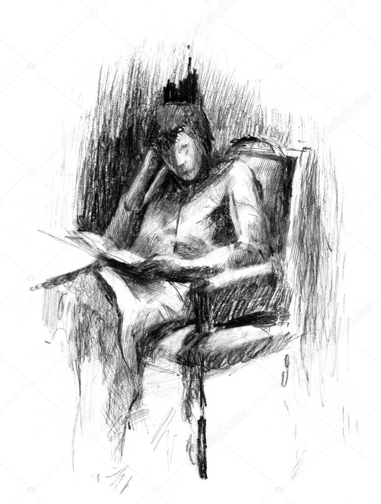 Hand drawn sketch of  lady with book